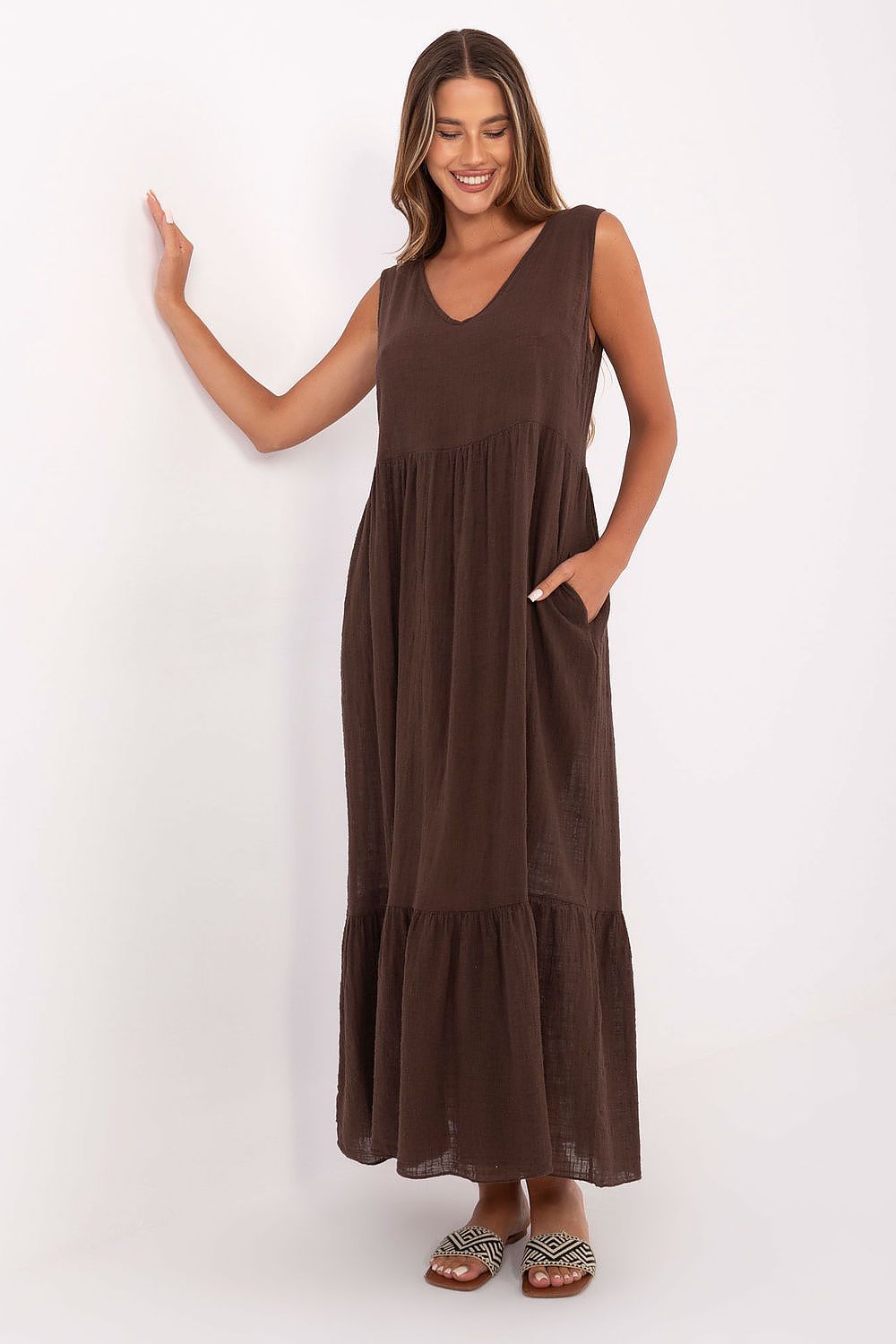 Elegant Och Bella 100% Cotton Flared Summer Dress in a luxurious flared silhouette featuring ruffles, designed for comfort and style in warm weather.