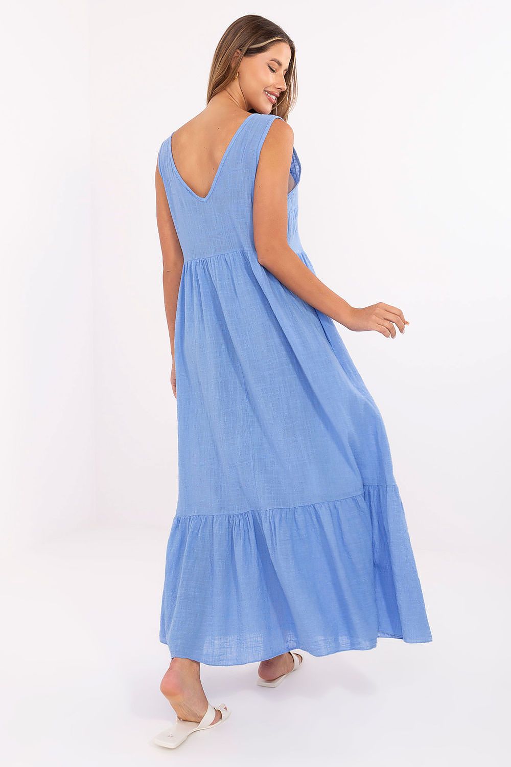 Fashionable Och Bella cotton summer dress with a feminine silhouette, ruffled hem, and wide straps, designed for comfort and breathability.