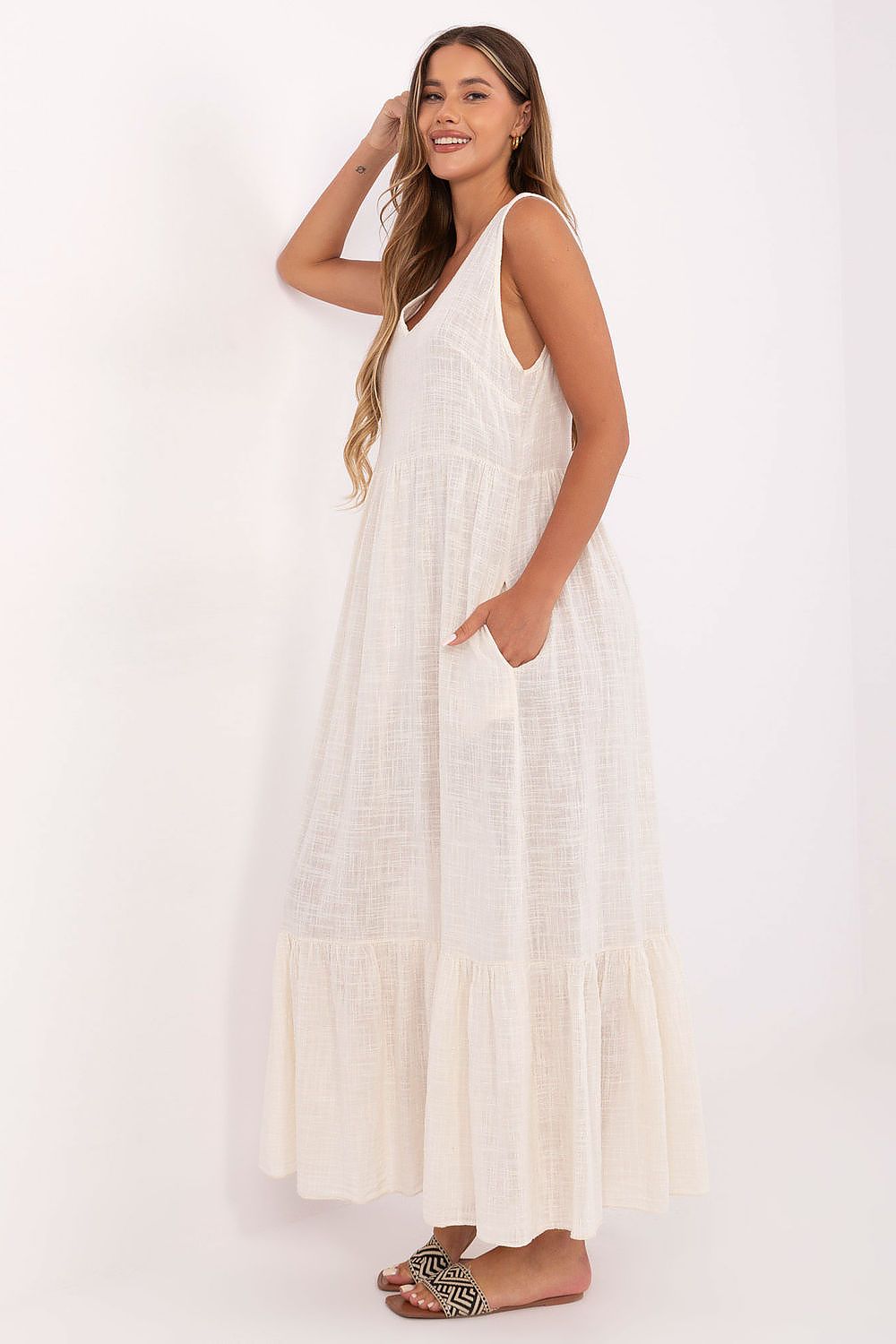 Elegantly styled Och Bella 100% Cotton Flared Summer Dress featuring a sweetheart neckline and delicate ruffles, perfect for sophisticated summer occasions.