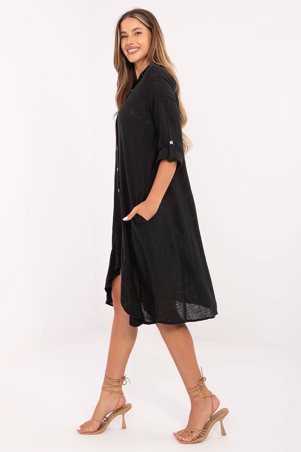 Close-up of the delicate ruffles and texture of the Och Bella summer shirt dress, highlighting its luxurious cotton material.