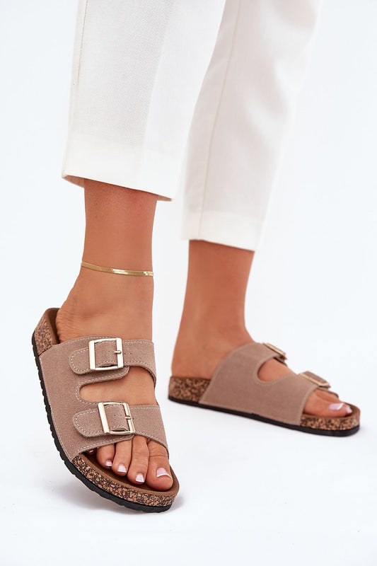 Luxury women's eco suede sandals with cork platform, elegant adjustable golden buckles by Step in Style.