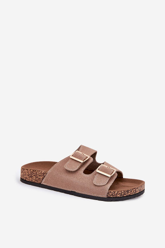 Close-up of luxury women's eco suede sandals featuring golden buckles, designed by Step in Style.