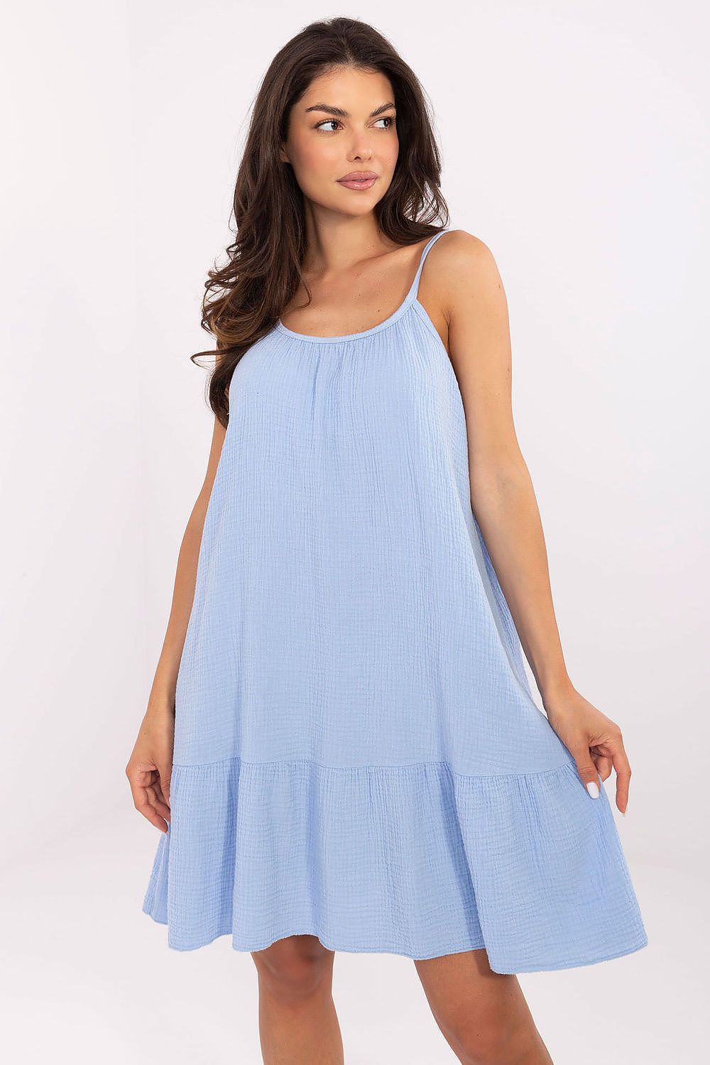 Elegant Och Bella Cotton Daydress for Women featuring flared above knee design with tied straps and ruffled hem, perfect for summer outings.