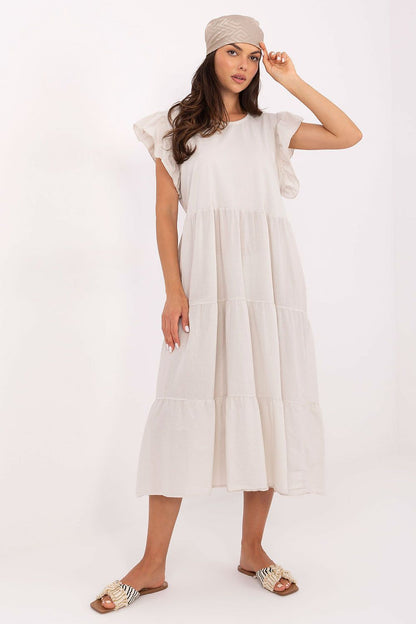 Och Bella luxurious midi-length cotton dress featuring frill sleeves and a romantic tie-back design, ideal for elegant summer outfits in EU size 0.