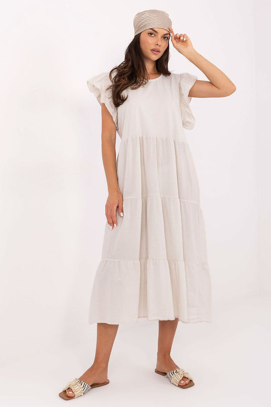 Och Bella luxurious midi-length cotton dress featuring frill sleeves and a romantic tie-back design, ideal for elegant summer outfits in EU size 0.