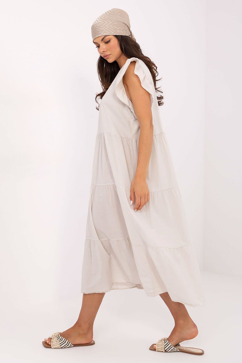 Elegant Och Bella midi-length cotton dress with frill sleeves and tie back detail, perfect for luxurious summer outings.