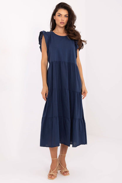 Och Bella elegant midi-length cotton dress with frill sleeves and tie back, perfect for summer occasions.