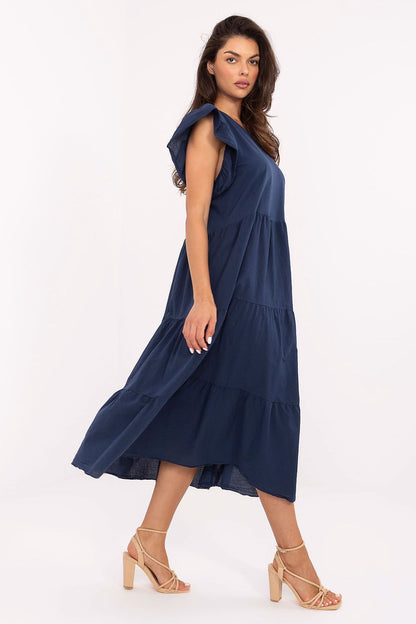 Charming back view of Och Bella midi-length cotton dress featuring a subtle tie, ideal for a romantic summer look.