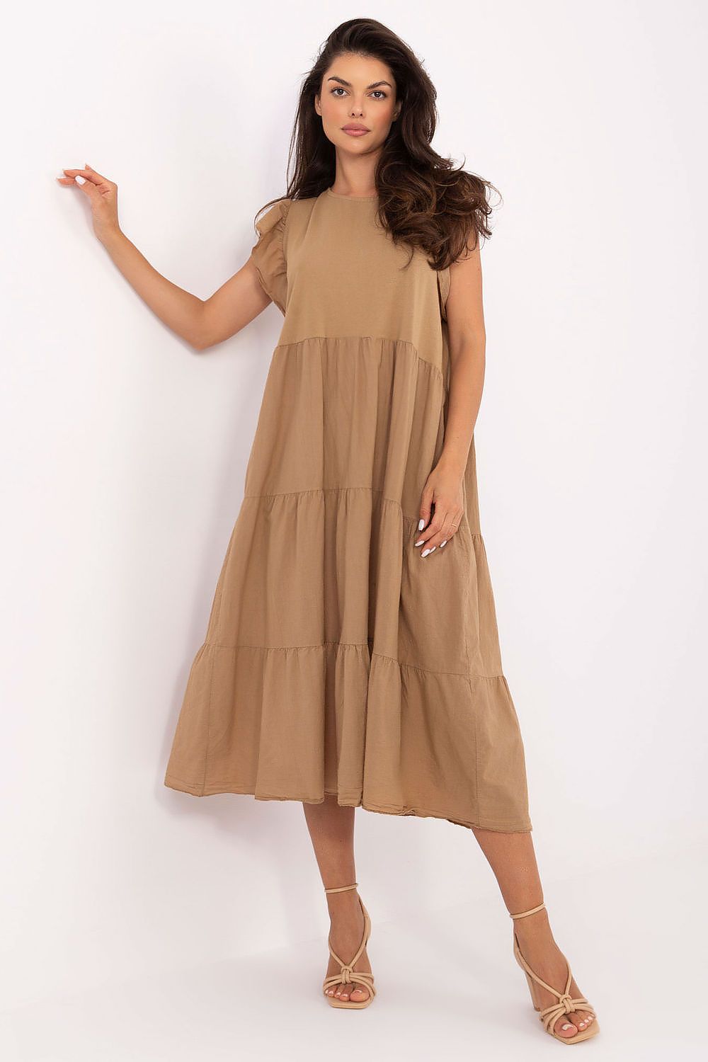 Och Bella elegant midi-length cotton dress featuring frill sleeves and a tie back detail, perfect for summer outfits.