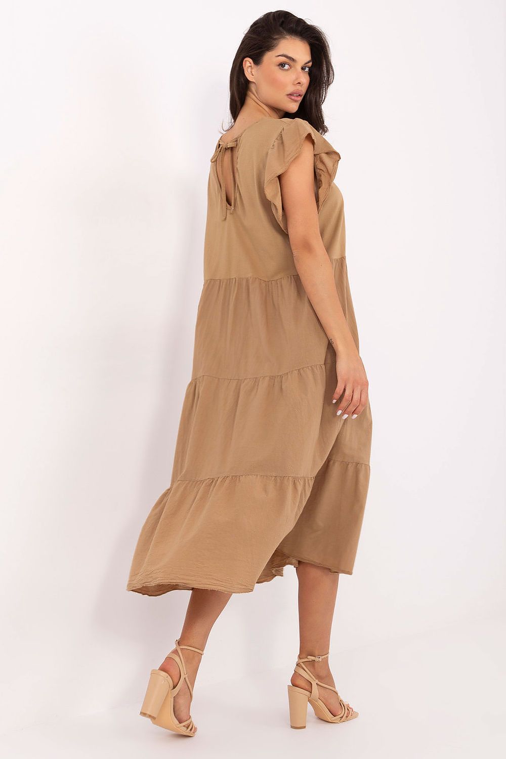 Close-up of the delicate frill sleeves on the Och Bella midi-length cotton dress, showcasing luxurious comfort and style.