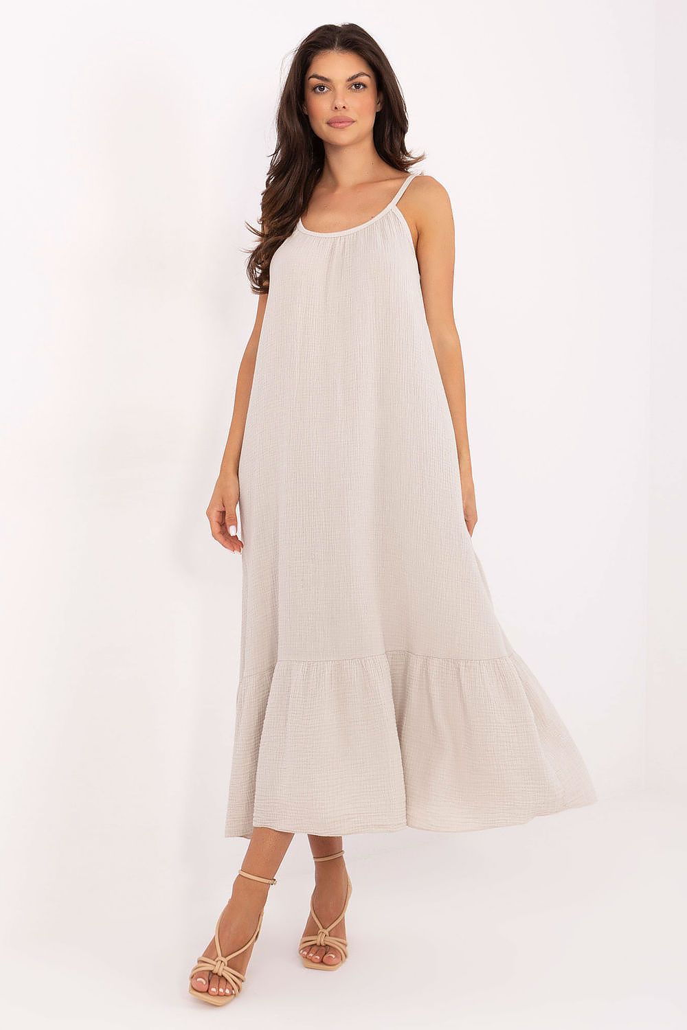 Elegant Och Bella Women's Midi Dress in 100% Cotton, featuring adjustable straps and a ruffled hem, perfect for summer sophistication.