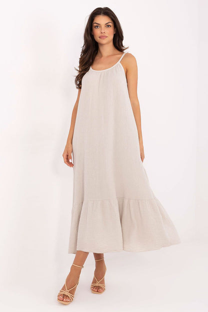 Elegant Och Bella Women's Midi Dress in 100% Cotton, featuring adjustable straps and a ruffled hem, perfect for summer sophistication.
