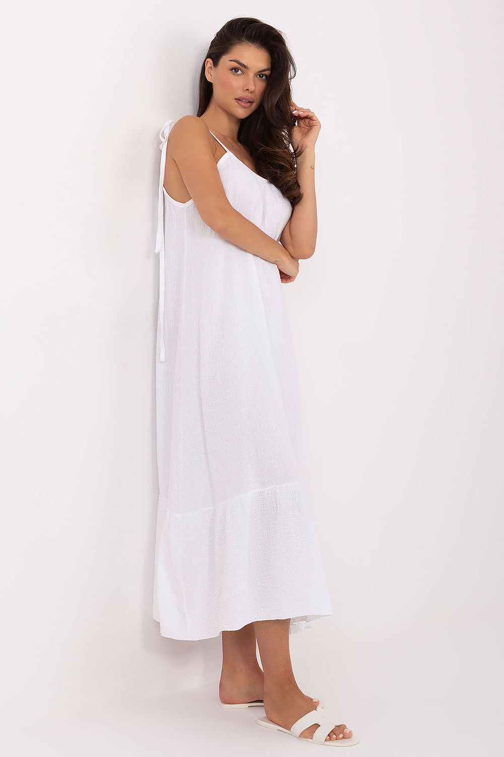 Beautifully styled Och Bella Women's Midi Dress with adjustable straps and ruffled hem, a perfect choice for sophisticated summer outings.
