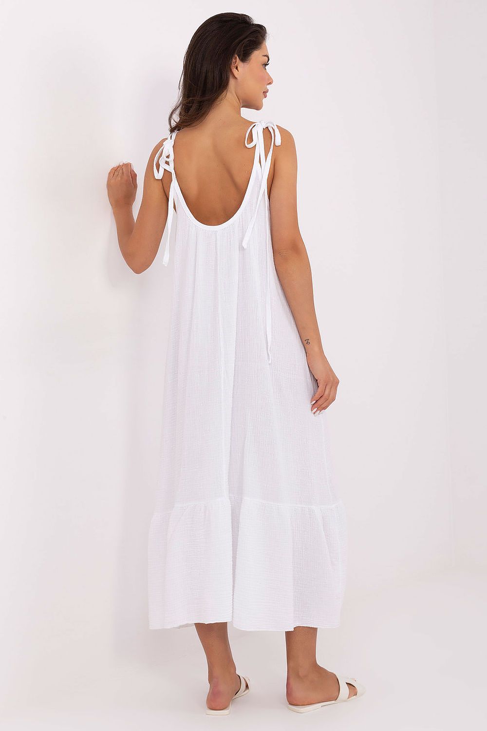 Graceful Och Bella Women's Midi Dress in 100% cotton, highlighting its airy design and charming ruffled details for a luxurious casual feel.