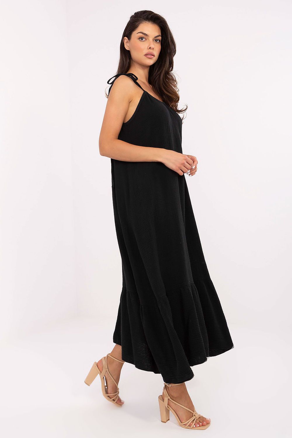 Och Bella Women's Midi Dress crafted from 100% luxurious cotton, featuring adjustable straps and an elegant ruffled hem, perfect for summer styling.