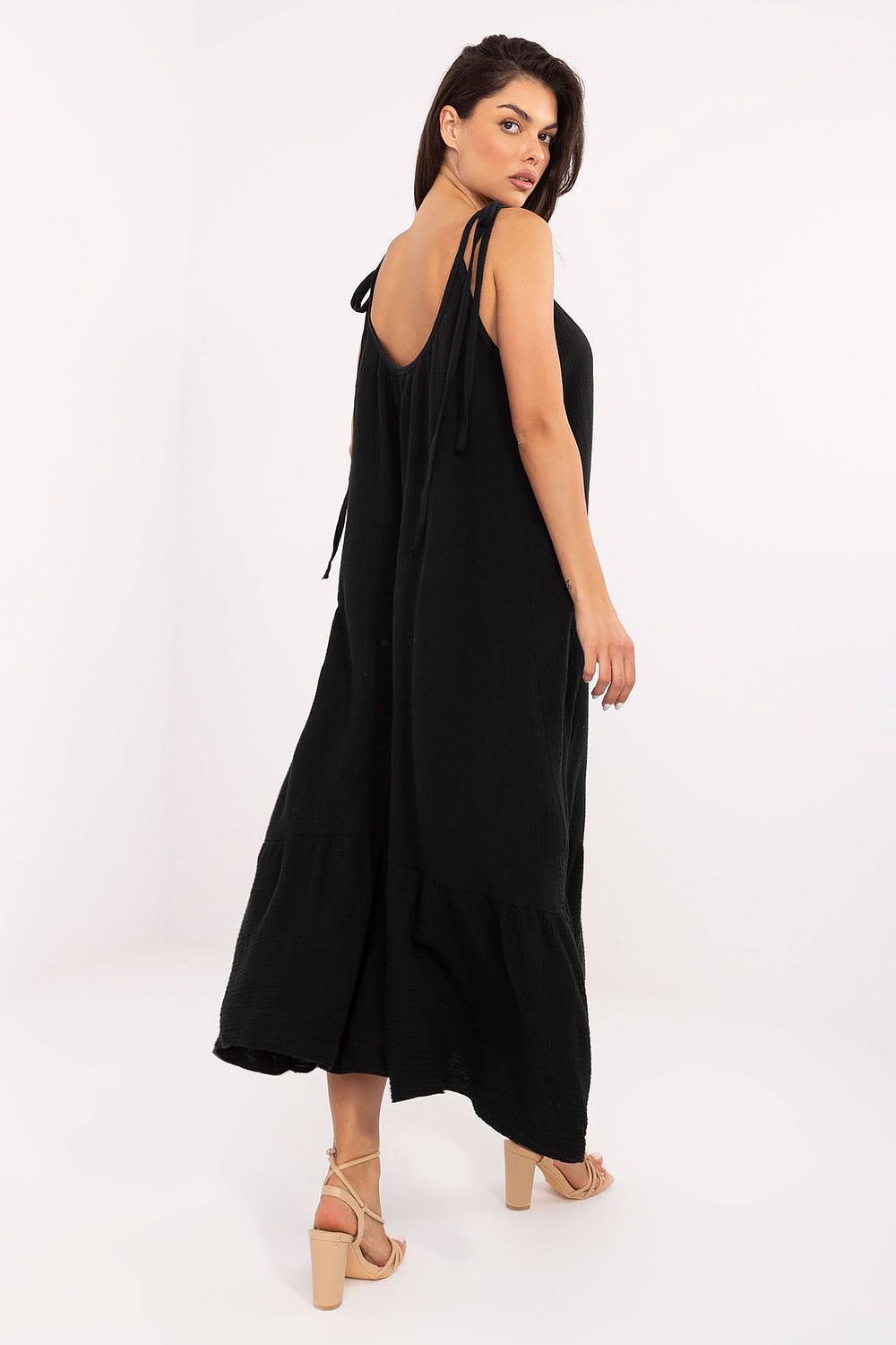 Detailed view of Och Bella Women's Midi Dress in EU 0 size, showcasing its airy muslin cotton fabric, round neckline, and chic flared cut.