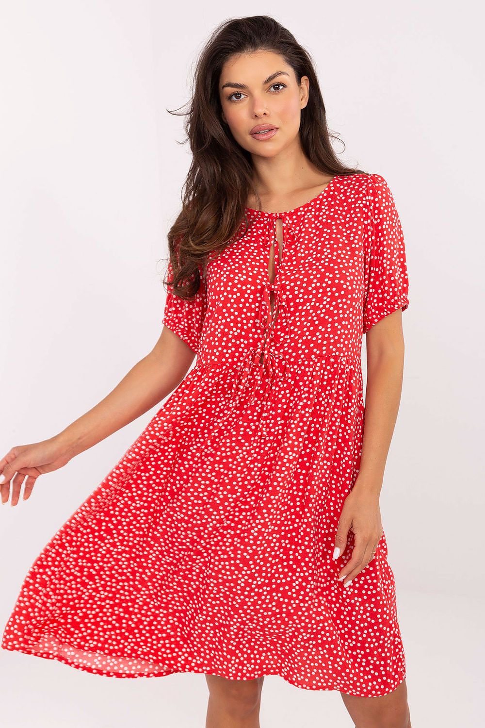 Elegant Summer Flare Dress by Sublevel in airy viscose, showcasing a charming tie detail and flared cut for a luxurious summer look.