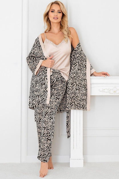 Beautifully designed women's dressing gown in shimmering satin by Donna, showcasing an impressive print and perfect for relaxation at home.