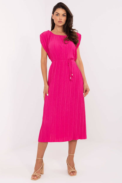 Elegant midi-length sleeveless pleated dress by Italy Moda in breathable polyester, showcasing a timeless style suitable for various occasions.