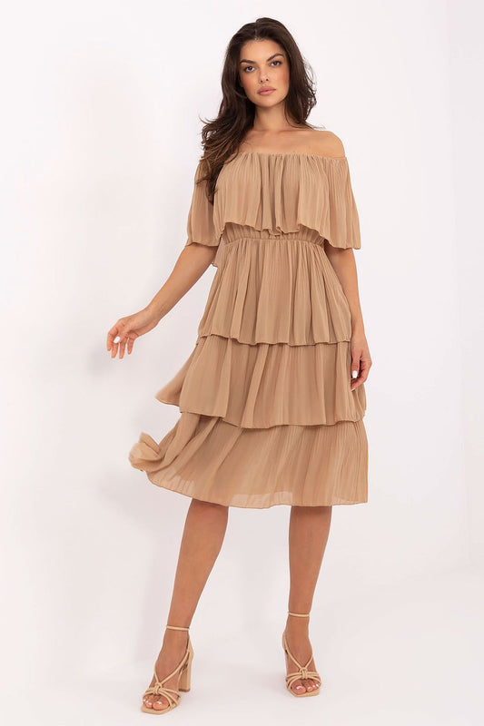 Elegant Och Bella off-the-shoulder cocktail dress with ruffles, showcasing its below knee length and luxurious design.