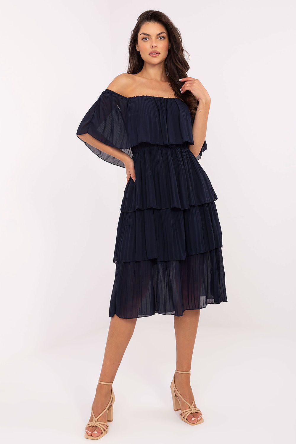 Back view of the Och Bella off-the-shoulder cocktail dress, emphasising the flattering silhouette and delicate ruffles.