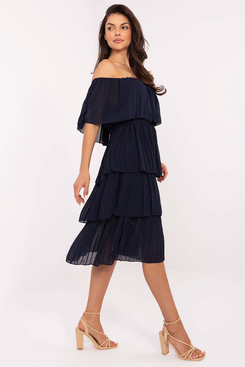 Stylish presentation of the Och Bella off-the-shoulder cocktail dress on a mannequin, featuring the elegant neckline and soft drape.