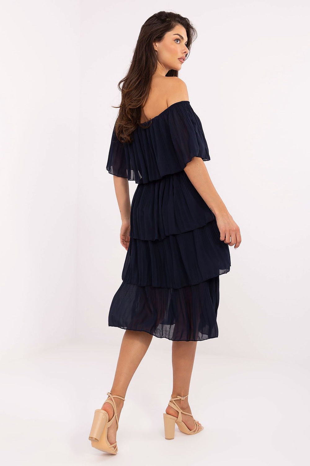 Elegant Och Bella off-the-shoulder cocktail dress with ruffled detailing, perfect for summer soirées and formal occasions.