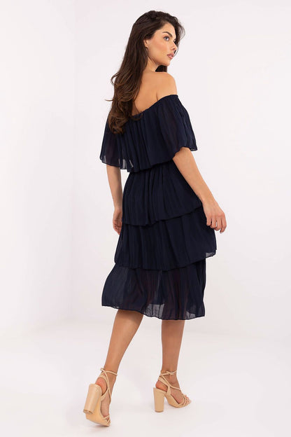 Elegant Och Bella off-the-shoulder cocktail dress with ruffled detailing, perfect for summer soirées and formal occasions.