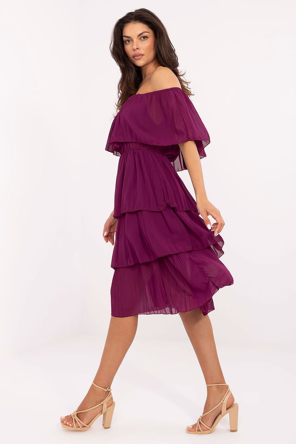Stylish Och Bella below-knee length cocktail dress, highlighting the chic off-the-shoulder neckline and comfortable fit.
