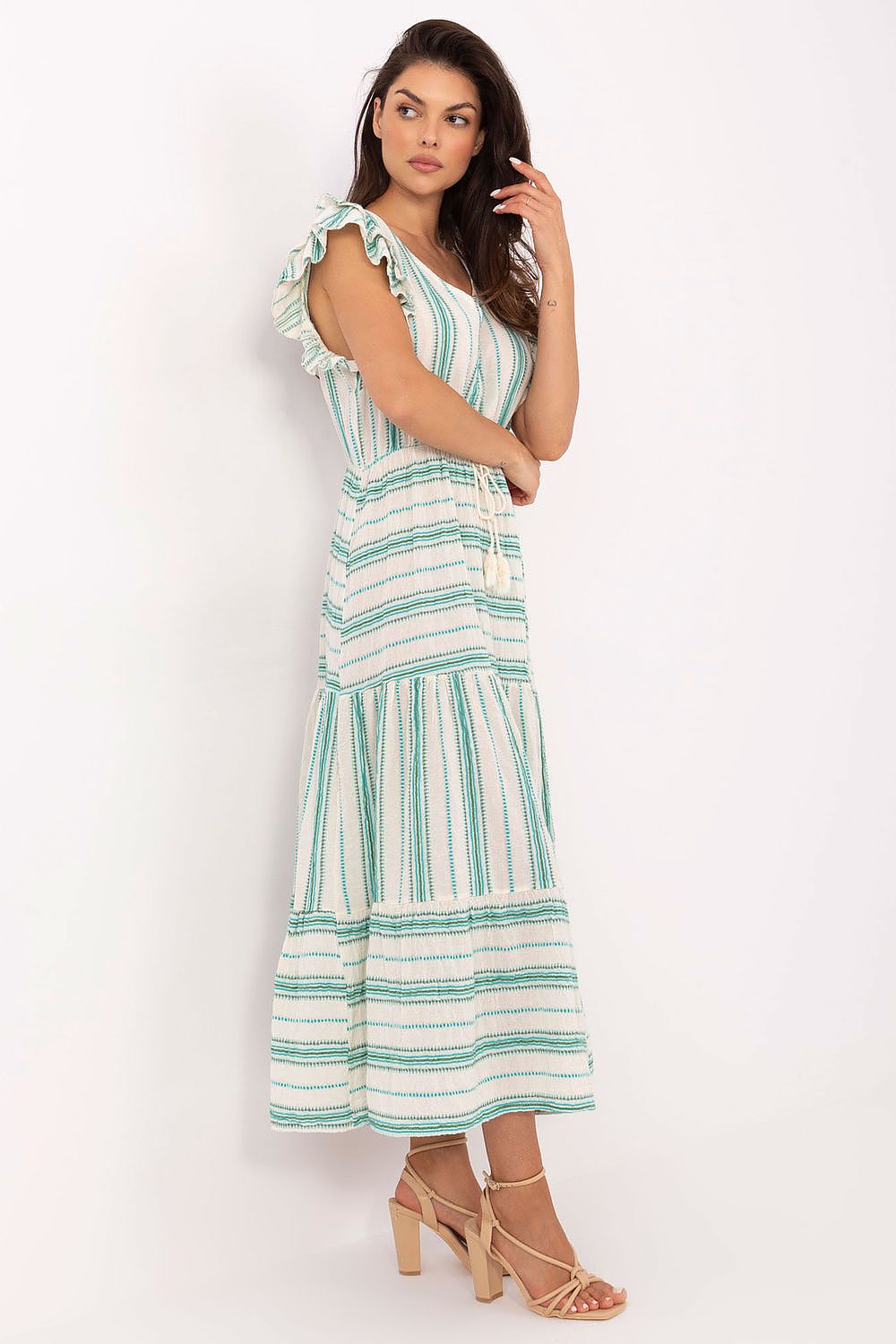 Charming Och Bella midi dress with ruffled sleeves and feminine flared cut, showcasing a delicate boho embroidery detail ideal for casual outings.