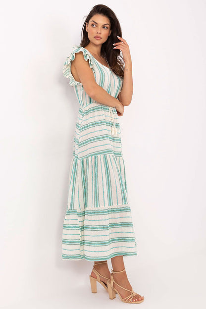 Charming Och Bella midi dress with ruffled sleeves and feminine flared cut, showcasing a delicate boho embroidery detail ideal for casual outings.