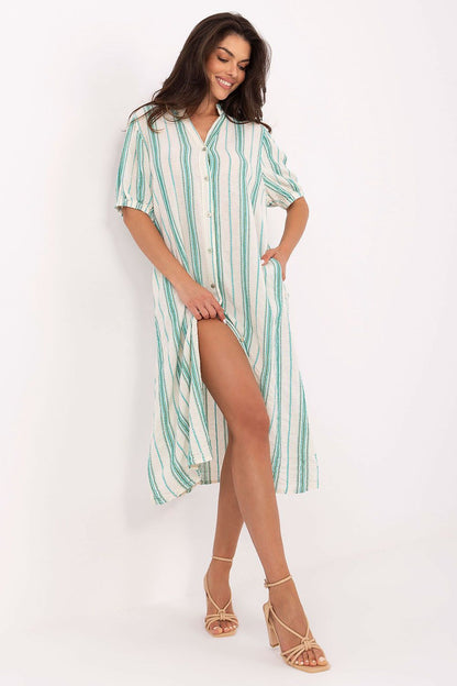 Stylish oversized Boho Midi Dress by Och Bella with decorative stripes, ideal for both beach and city wear, showcasing luxurious comfort and unique design.