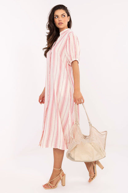 Boho Midi Dress by Och Bella in elegant cotton blend, showcasing a comfortable oversized cut, V-neckline, and intricate embroidery, perfect for luxury summer outings.