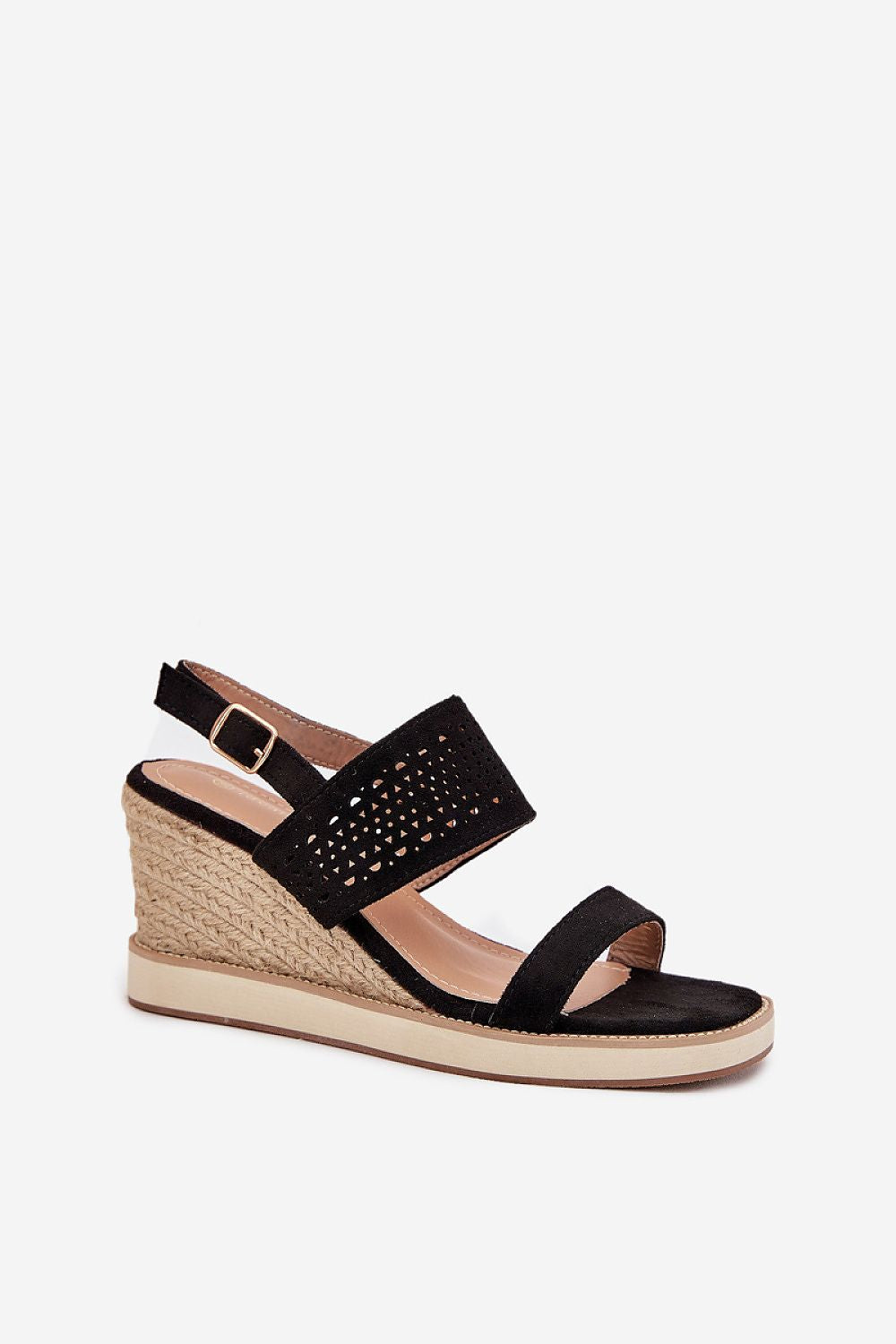 Close-up view of Step in Style women's eco suede wedge sandals featuring a delicate openwork strap, ideal for enhancing summer dresses with luxury and comfort.