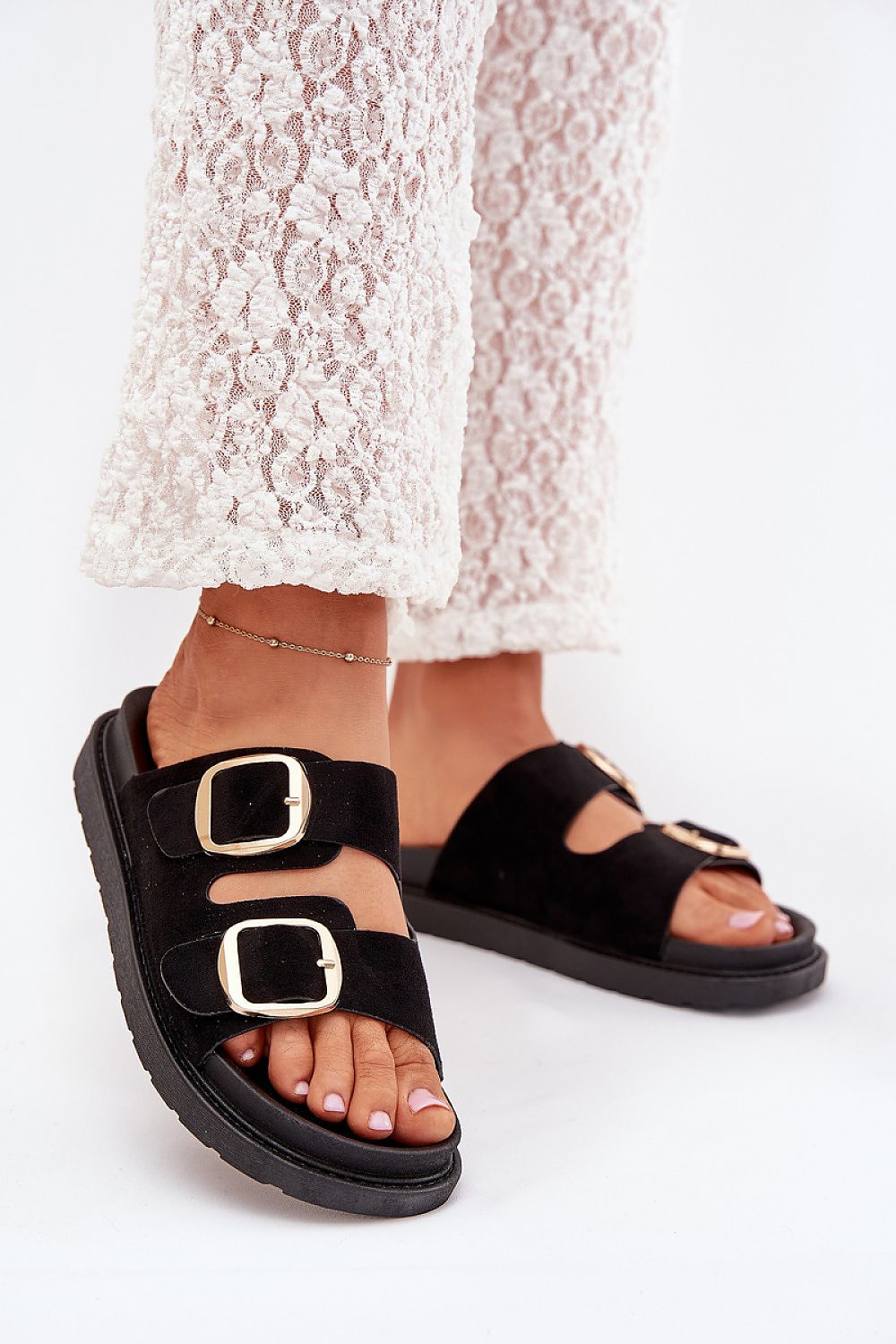 Luxurious eco-suede women's platform sandals by Step in Style, featuring adjustable gold buckles, perfect for adding elegance to your everyday outfits.