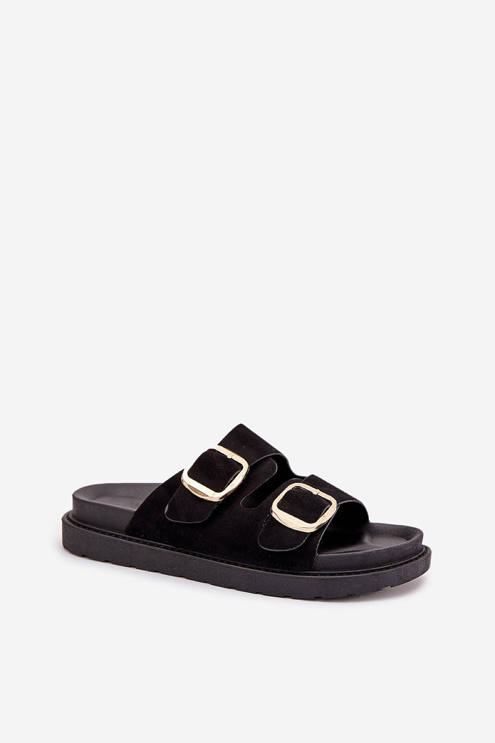Close-up of Step in Style's eco-suede platform sandals for women, showcasing the chic adjustable gold buckles and the comfortable profiled insole that elevates style and comfort.