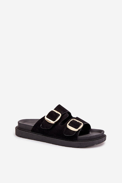 Close-up of Step in Style's eco-suede platform sandals for women, showcasing the chic adjustable gold buckles and the comfortable profiled insole that elevates style and comfort.