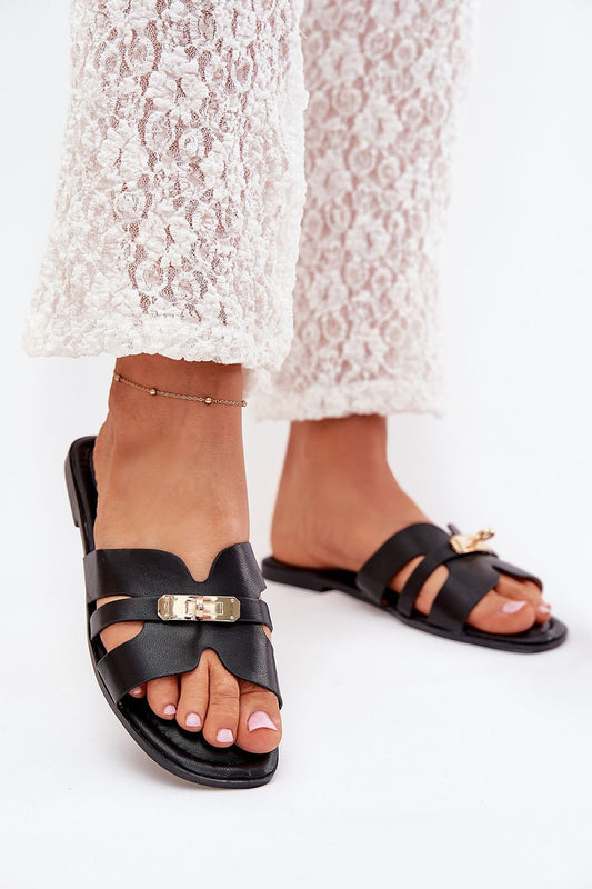 Elegant women's eco leather sandals with gold detail by Step in Style, featuring a sleek design and comfortable flat sole, perfect for any summer outfit.