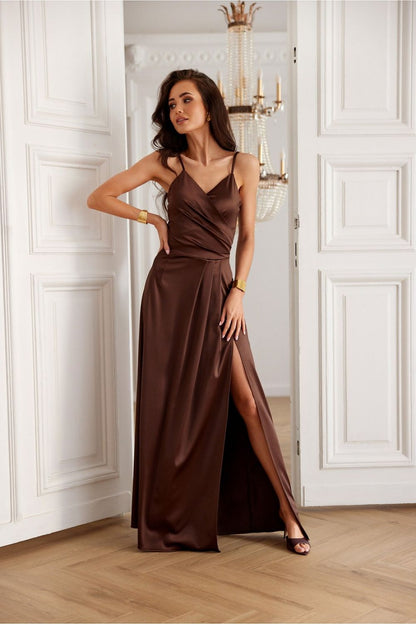 Elegant long Salma dress by Roco Fashion in soft satin fabric featuring a gathered wrap neckline, thin shoulder straps, and a sexy thigh-high slit for a sophisticated look.
