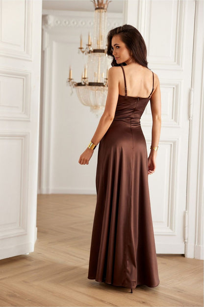 Roco Fashion's elegant satin long Salma dress showcasing a flared silhouette with a form-flattering design, ideal for special occasions like weddings and proms.