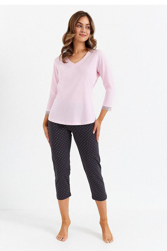 Luxury women's cotton spandex pajamas set by Cana featuring a chic V-neckline and elegant lace sleeves, available in sizes S-XXXL.
