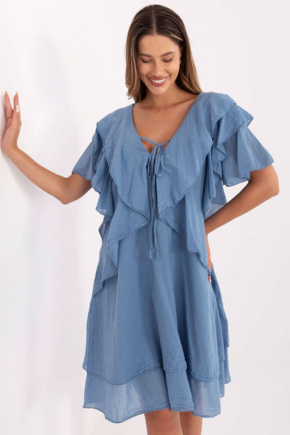 Boho style knee-length cotton dress with ruffled sleeves by Italy Moda, perfect for summer days, showcasing a lightweight and breathable fabric.