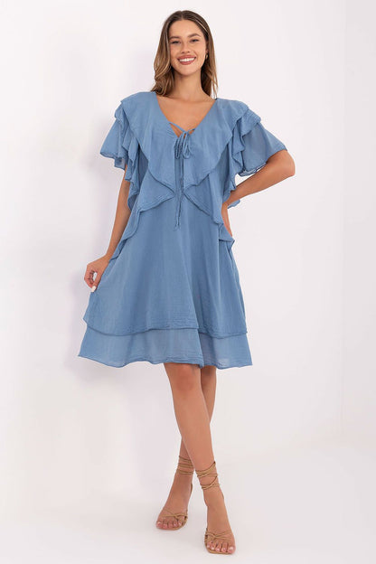 Elegant ruffled sleeve detailing of Italy Moda's boho style cotton dress, ideal for casual summer outings and vacation wear.