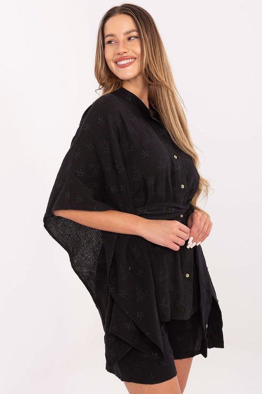 Lakerta elegant cotton shirt and shorts set in breathable muslin, featuring delicate embroidery, perfect for stylish summer days.