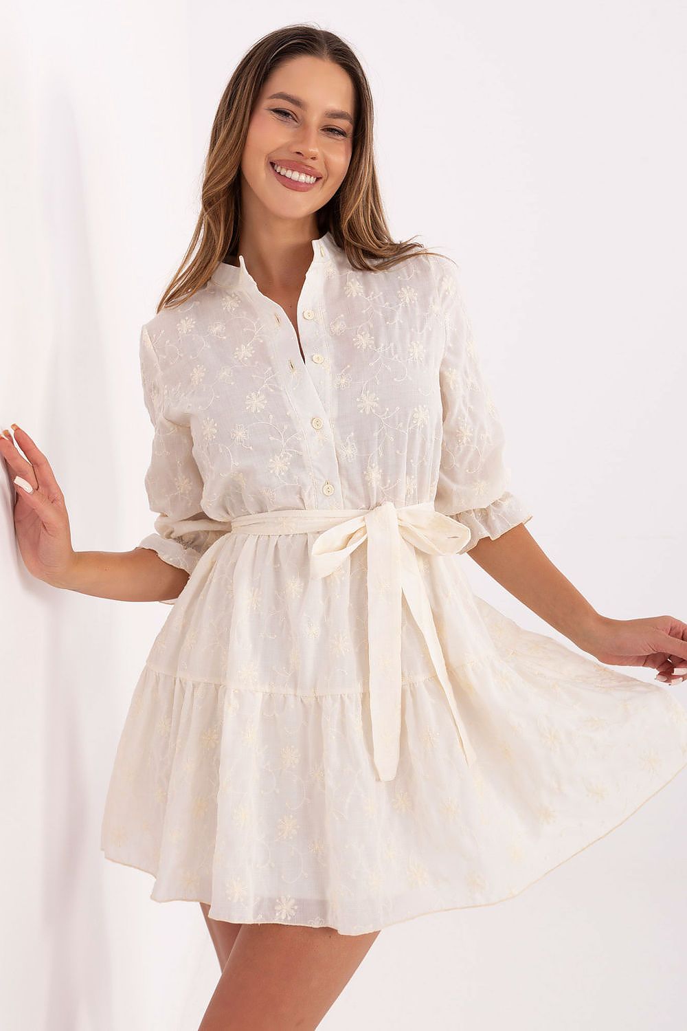 Boho Chic Flared Mini Dress by Lakerta featuring intricate floral embroidery, perfect for elegant occasions.