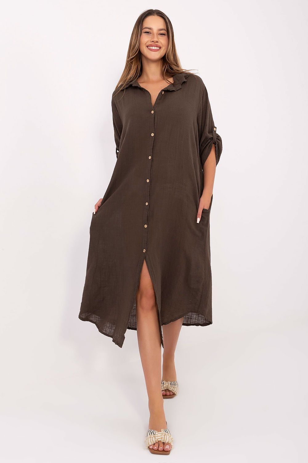 Luxury Cotton Midi Daydress by Och Bella featuring an oversized fit with a classic collar and elegant design.