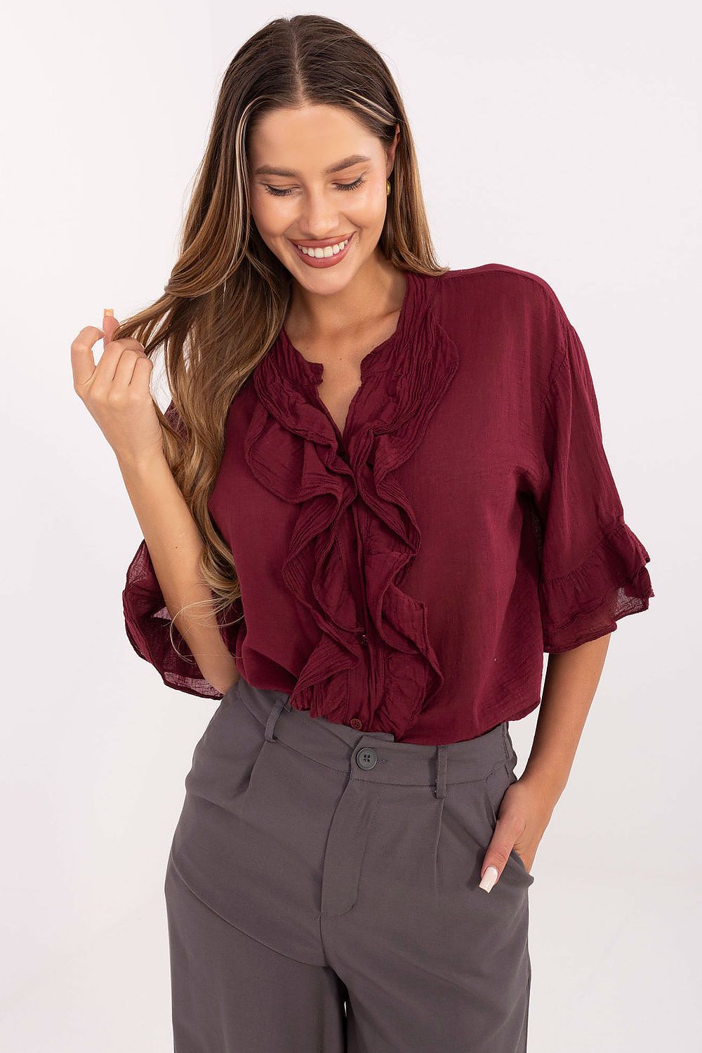 Luxury women's boho shirt from Italy Moda, made from 100% cotton, featuring elegant 3/4 ruffle sleeves and a flattering V-neck, perfect for everyday wear.