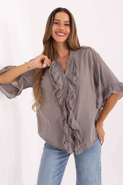 Luxury Women's Boho Shirt by Italy Moda featuring elegant 3/4 ruffle sleeves and V-neck design, perfect for everyday wear.