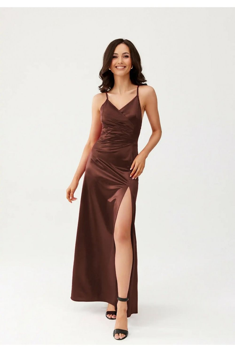Full view of the stylish Alessandra Maxi Dress by Roco Fashion, perfect for elegant occasions, featuring a flowing silhouette and sophisticated satin finish.