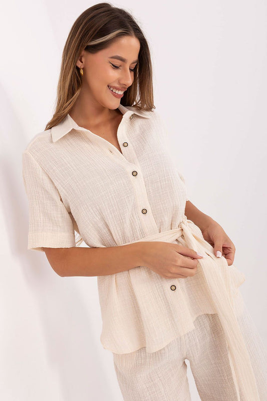 Luxury Cotton Muslin Set by Lakerta - Elegant short-sleeve shirt paired with high-waisted shorts, perfect for warm, casual days.